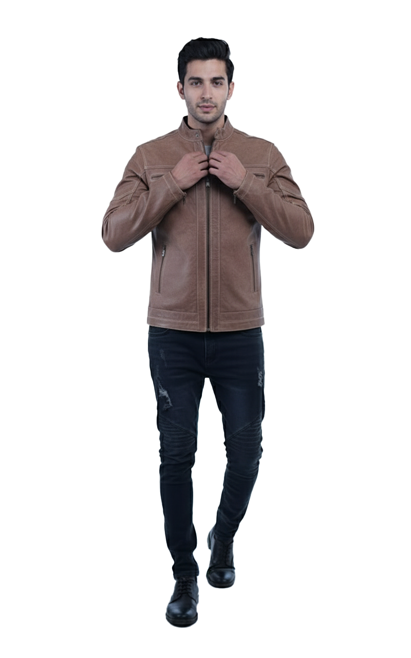 Men’s Tan Leather Jacket – Slim Fit Genuine Leather- By Umhashc - Image 4