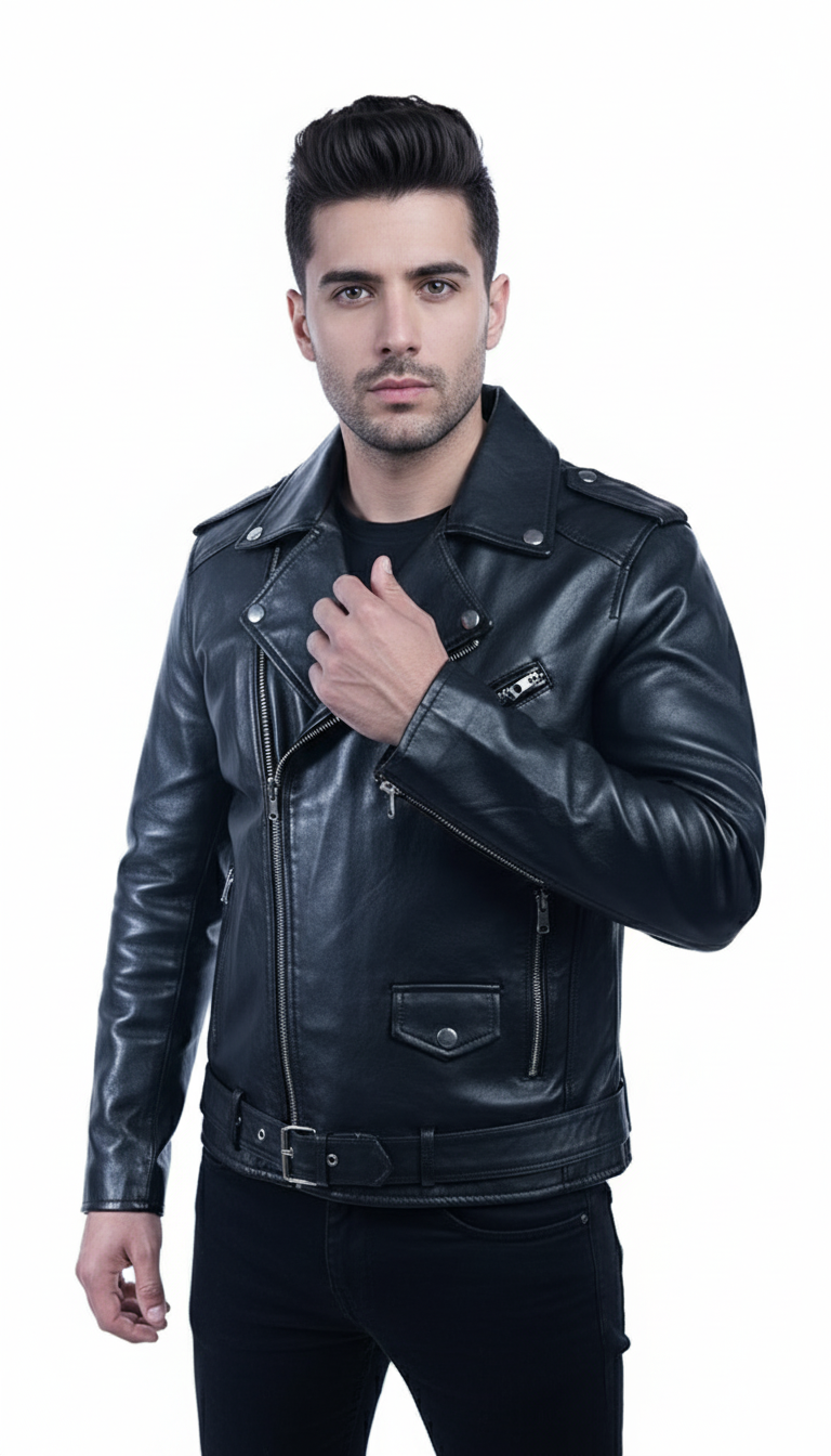 Men’s Black Leather Biker Jacket – Genuine Motorcycle Style -By Umhashco - Image 2