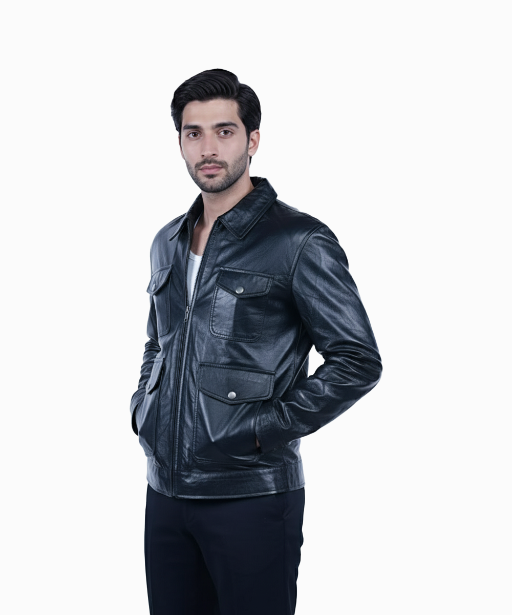 Men’s Black Genuine Leather Jacket – Four Pocket Utility Style-By Umhashco - Image 2