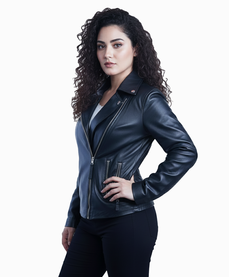 Women’s Black Leather Motorcycle Jacket – By UmHashCo - Image 2