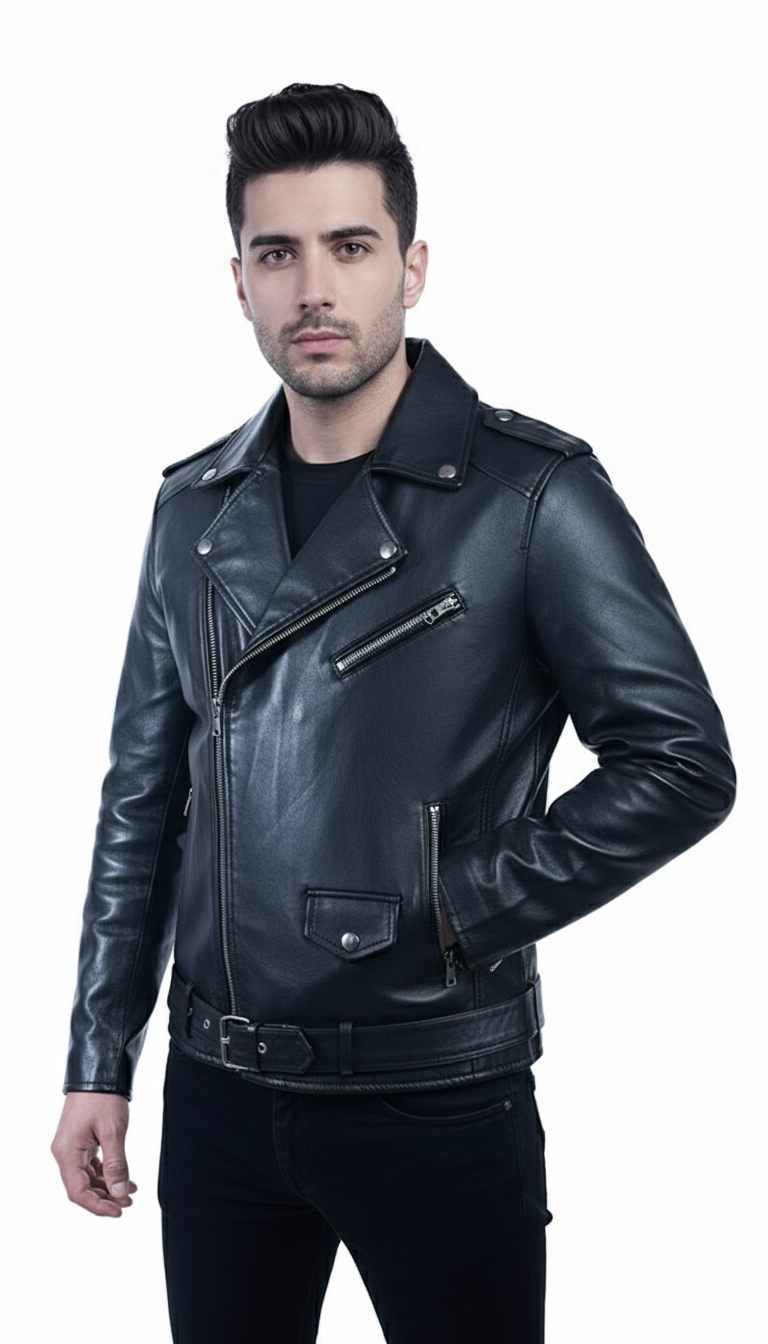 Men’s Black Leather Biker Jacket – Genuine Motorcycle Style -By Umhashco - Image 3