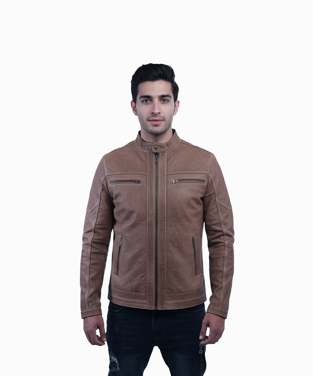 Men’s Tan Leather Jacket – Slim Fit Genuine Leather- By Umhashc