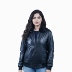 Women’s Black Sheep Leather Bomber Jacket with Fur Collar – By Umhashco