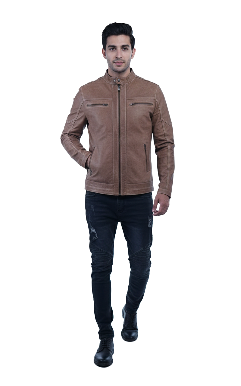 Men’s Tan Leather Jacket – Slim Fit Genuine Leather- By Umhashc - Image 5