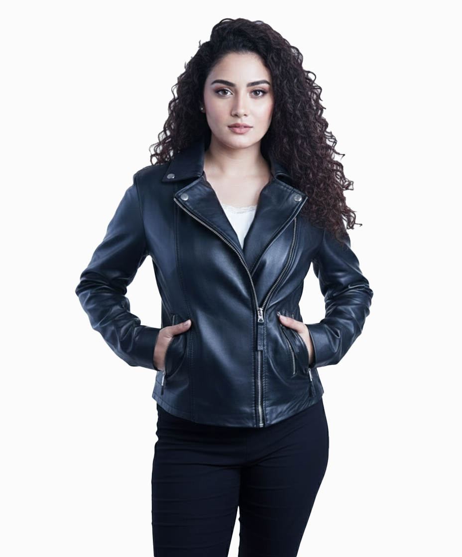 Women’s Black Leather Motorcycle Jacket – By UmHashCo - Image 3