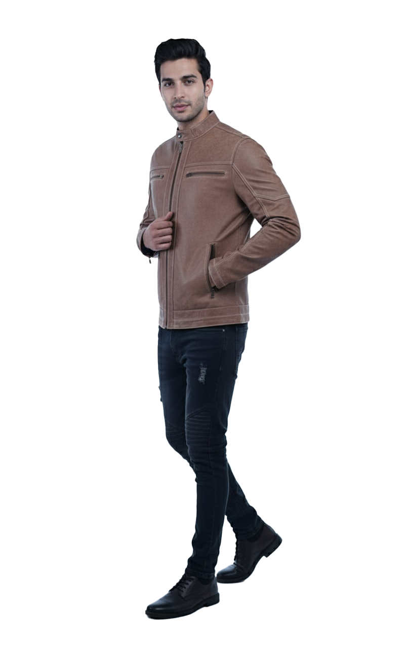 Men’s Tan Leather Jacket – Slim Fit Genuine Leather- By Umhashc - Image 3