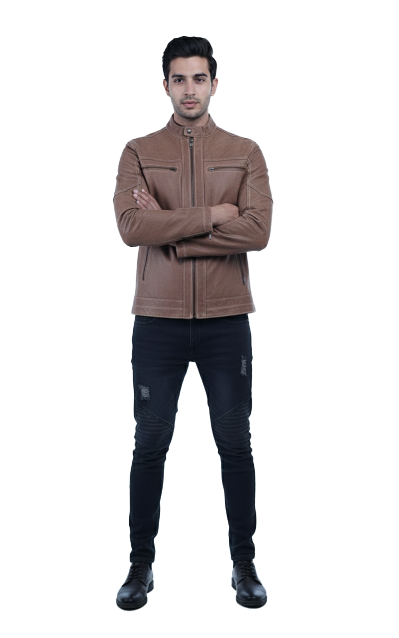 Men’s Tan Leather Jacket – Slim Fit Genuine Leather- By Umhashc - Image 7