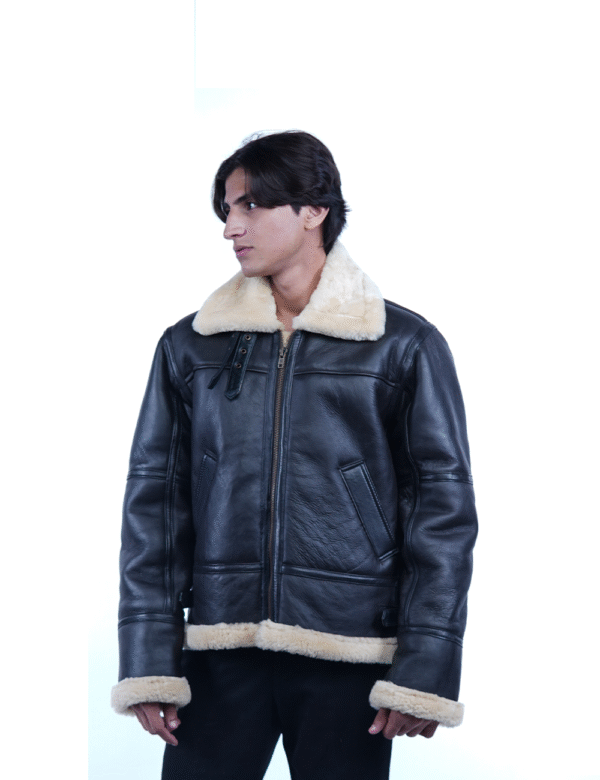 Men’s Shearling Leather Jacket – Genuine Sheep with Fur Collar & Warm Inner Lining- By Umhashco