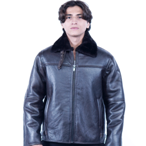 Men’s Shearling Leather Jacket – Classic Black Aviator Style- By Umhashco