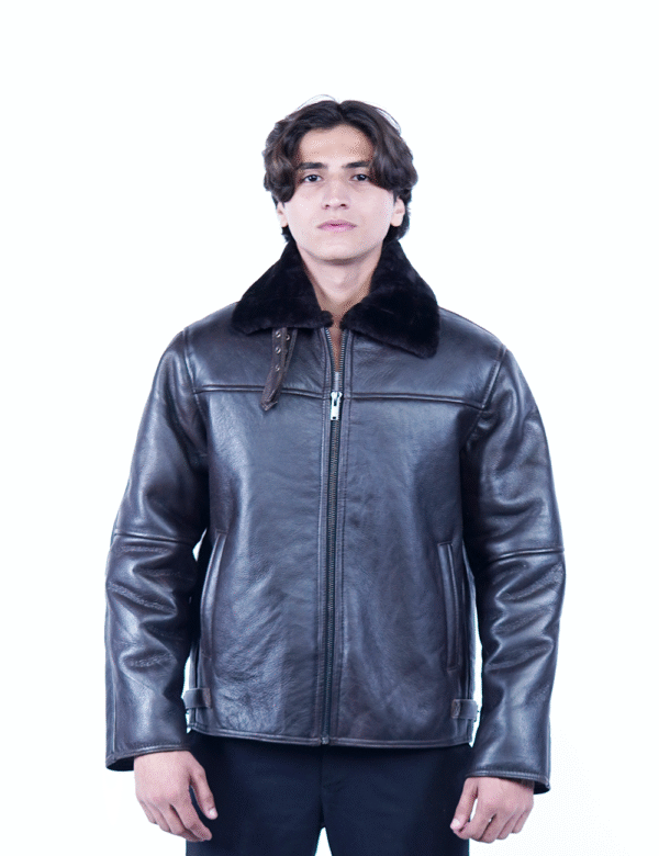Men’s Shearling Leather Jacket – Classic Black Aviator Style- By Umhashco