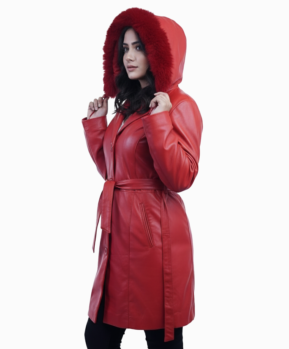 Women’s Red Sheep Leather Coat with Detachable Hood – By Umhashco - Image 3