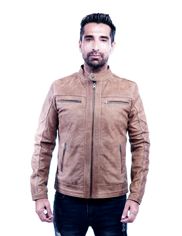 Men’s Tan Genuine Leather Jacket – smart fitting- By Umhashco