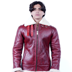 Men’s Red Shearling Leather Jacket – Premium Sheepskin Winter Wear- By Umhashco