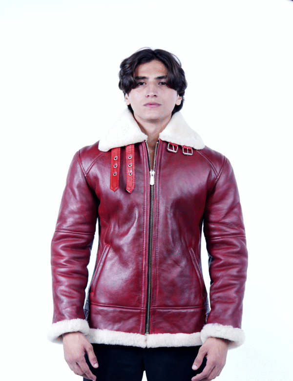 Men’s Red Shearling Leather Jacket – Premium Sheepskin Winter Wear- By Umhashco