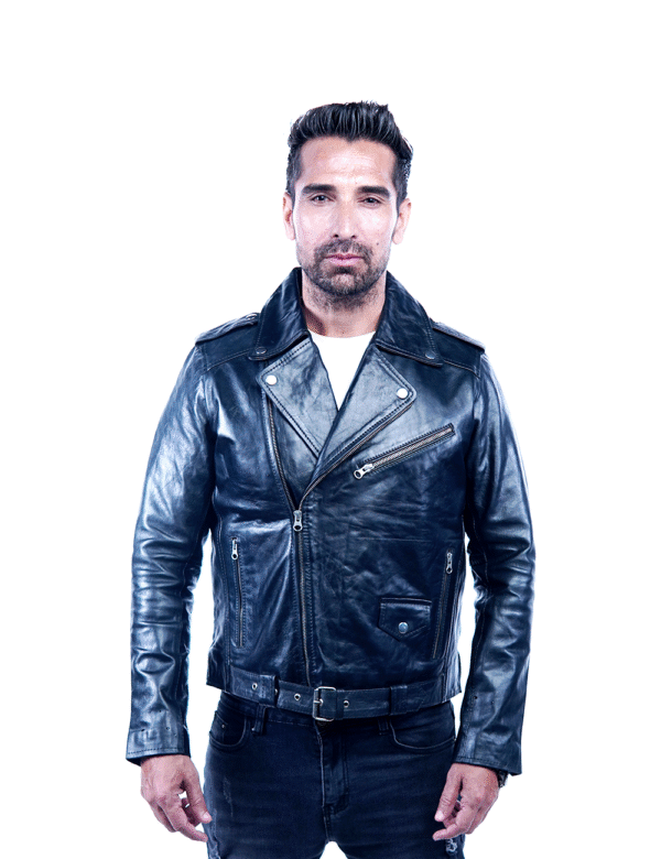 Men’s Black Leather Biker Jacket – Genuine Motorcycle Style -By Umhashco