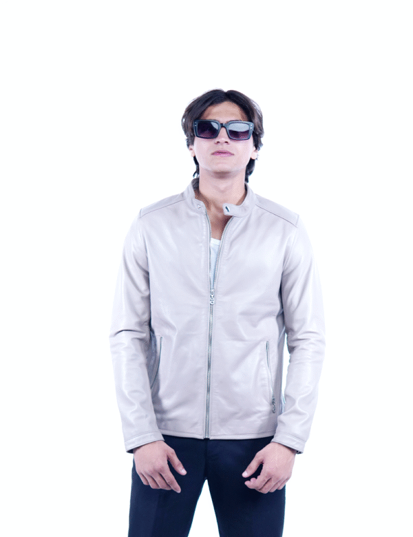 Men’s Light Beige Genuine Leather Jacket – Slim Fit Stylish Outerwear- By Umhashco