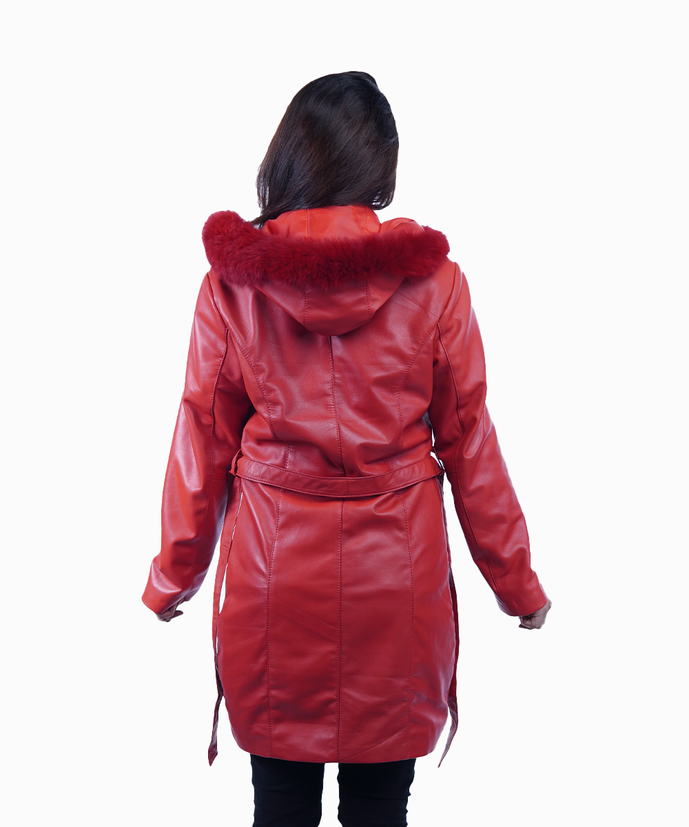 Women’s Red Sheep Leather Coat with Detachable Hood – By Umhashco - Image 4