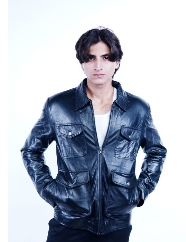 Men’s Black Genuine Leather Jacket – Four Pocket Utility Style-By Umhashco - Image 3