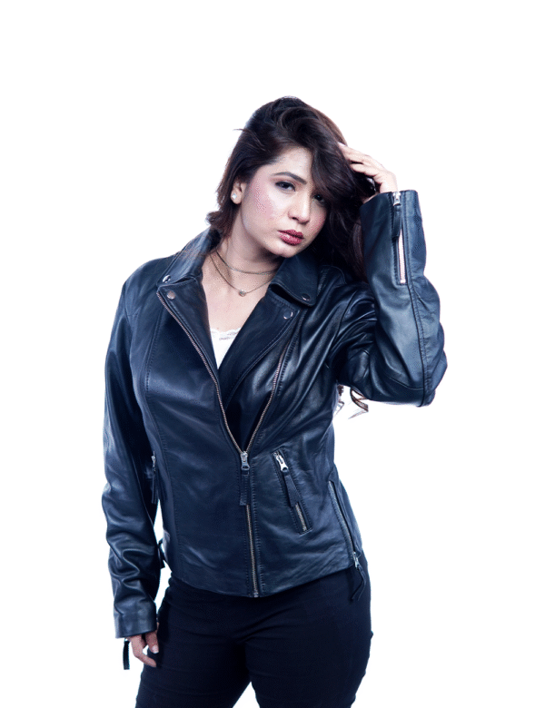 Women’s Black Leather Motorcycle Jacket – By UmHashCo - Image 3