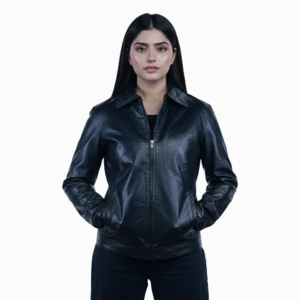 Women Black Leather Jacket – Classic Zip Style- By Umhashco