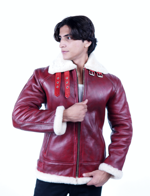 Men’s Red Shearling Leather Jacket – Premium Sheepskin Winter Wear- By Umhashco - Image 3