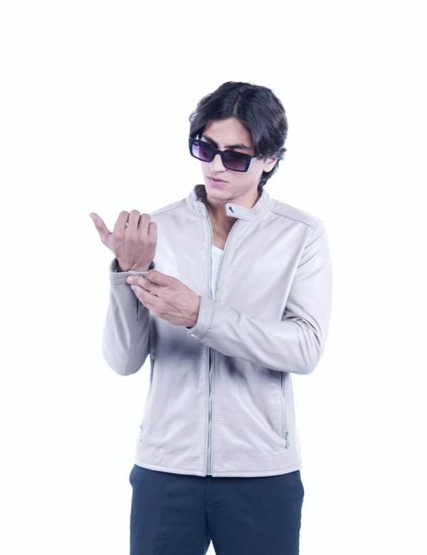 Men’s Light Beige Genuine Leather Jacket – Slim Fit Stylish Outerwear- By Umhashco - Image 3