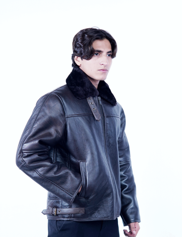 Men’s Shearling Leather Jacket – Classic Black Aviator Style- By Umhashco - Image 3
