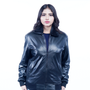 Women’s Black Sheep Leather Bomber Jacket with Fur Collar – By Umhashco