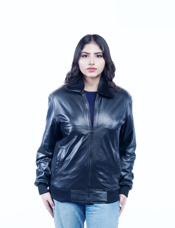 Women’s Black Sheep Leather Bomber Jacket with Fur Collar – By Umhashco