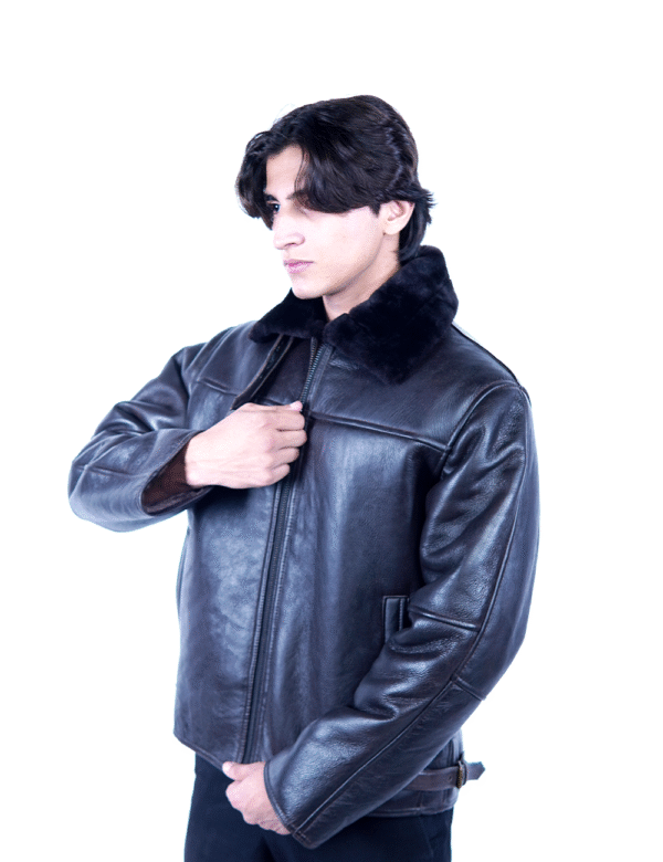 Men’s Shearling Leather Jacket – Classic Black Aviator Style- By Umhashco - Image 2