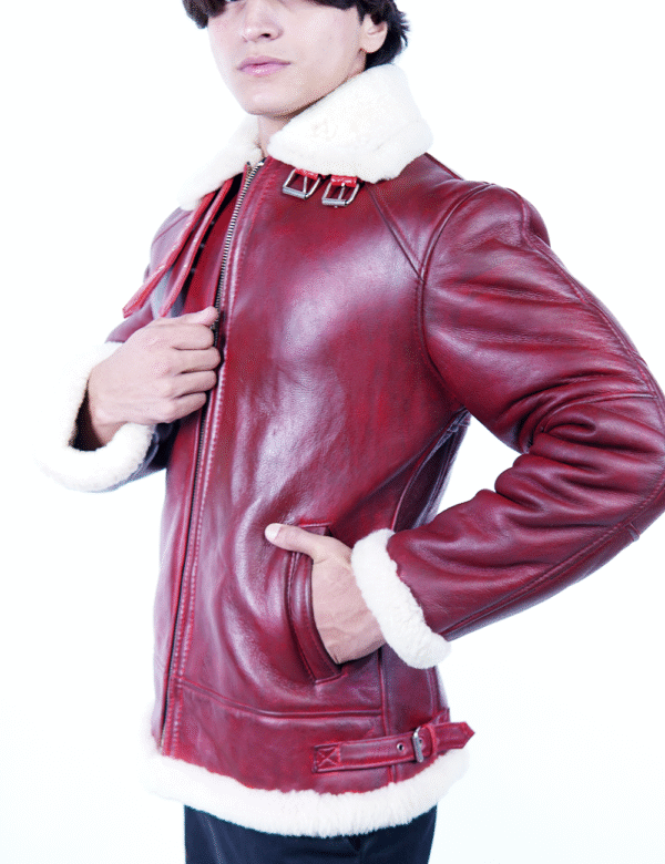 Men’s Red Shearling Leather Jacket – Premium Sheepskin Winter Wear- By Umhashco - Image 4