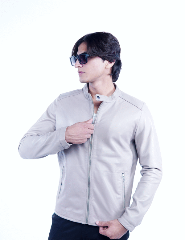 Men’s Light Beige Genuine Leather Jacket – Slim Fit Stylish Outerwear- By Umhashco - Image 2