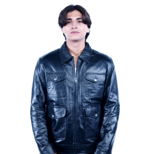 Men’s Black Genuine Leather Jacket – Four Pocket Utility Style-By Umhashco