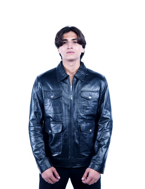 Men’s Black Genuine Leather Jacket – Four Pocket Utility Style-By Umhashco