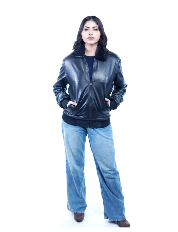 Women’s Black Sheep Leather Bomber Jacket with Fur Collar – By Umhashco - Image 5