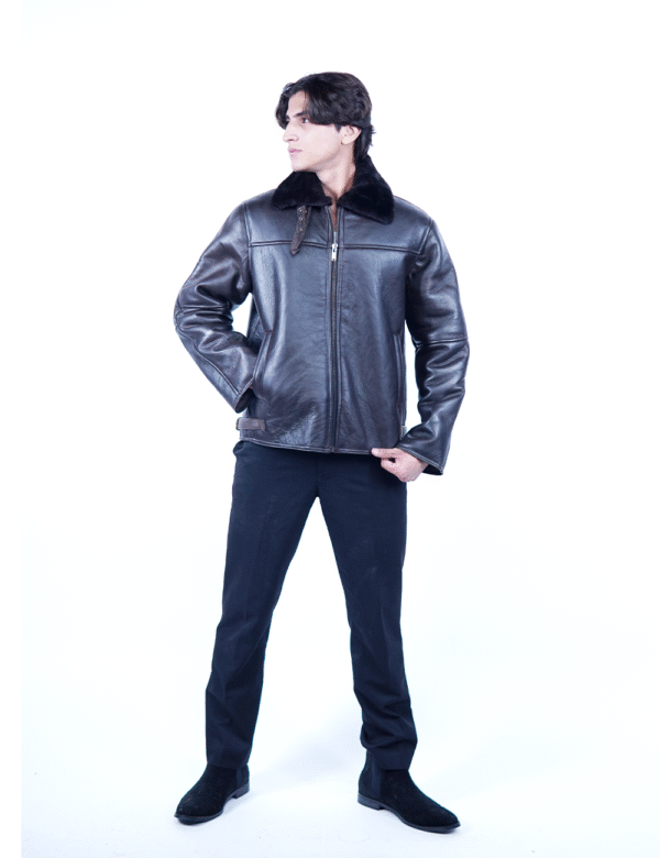 Men’s Shearling Leather Jacket – Classic Black Aviator Style- By Umhashco - Image 5