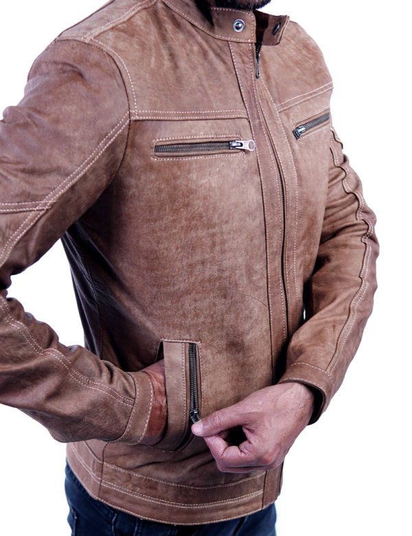 Men’s Tan Genuine Leather Jacket – smart fitting- By Umhashco - Image 4