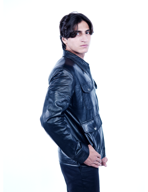 Men’s Black Genuine Leather Jacket – Four Pocket Utility Style-By Umhashco - Image 4