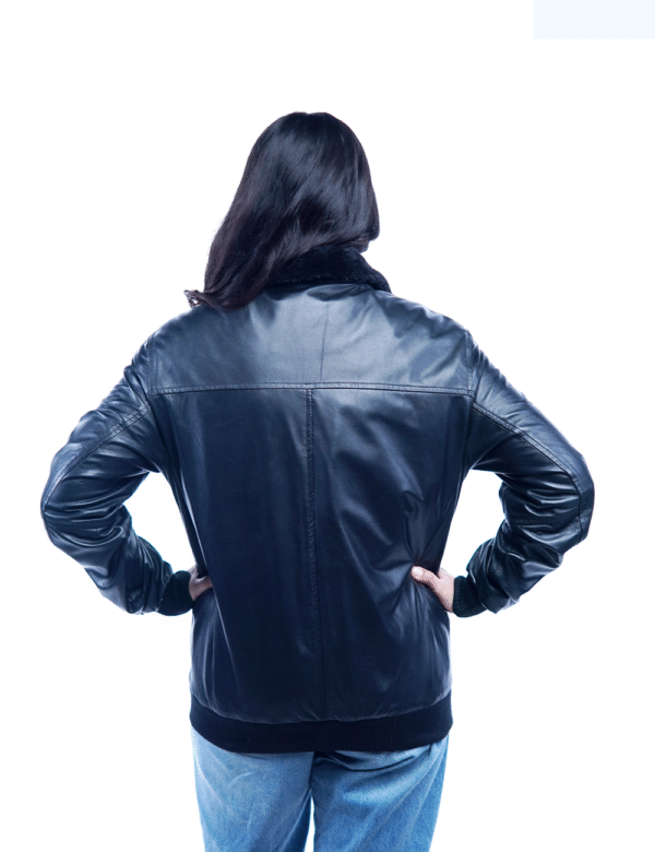 Women’s Black Sheep Leather Bomber Jacket with Fur Collar – By Umhashco - Image 2