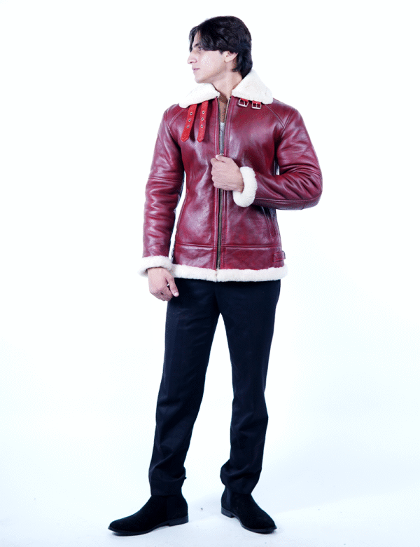 Men’s Red Shearling Leather Jacket – Premium Sheepskin Winter Wear- By Umhashco - Image 5