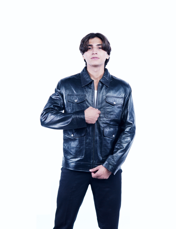 Men’s Black Genuine Leather Jacket – Four Pocket Utility Style-By Umhashco - Image 2