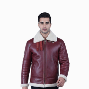 Men’s Red Shearling Leather Jacket – Premium Sheepskin Winter Wear- By Umhashco