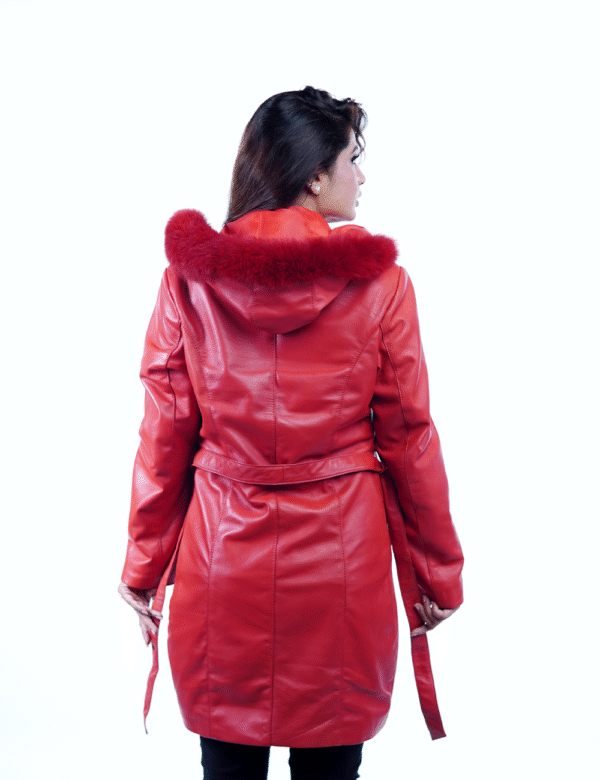 Women’s Red Sheep Leather Coat with Detachable Hood – By Umhashco - Image 2