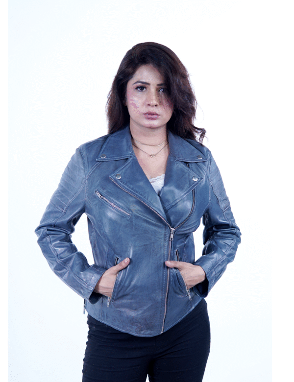 Women’s Blue Sheep Leather Biker Jacket – Stylish & Premium Quality- By Umhashco - Image 3