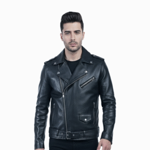 Men’s Black Leather Biker Jacket – Genuine Motorcycle Style -By Umhashco