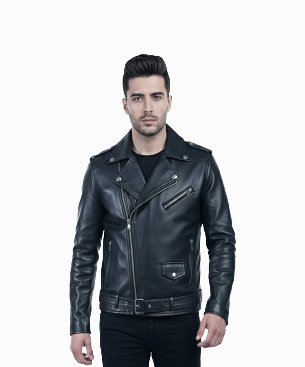 Men’s Black Leather Biker Jacket – Genuine Motorcycle Style -By Umhashco
