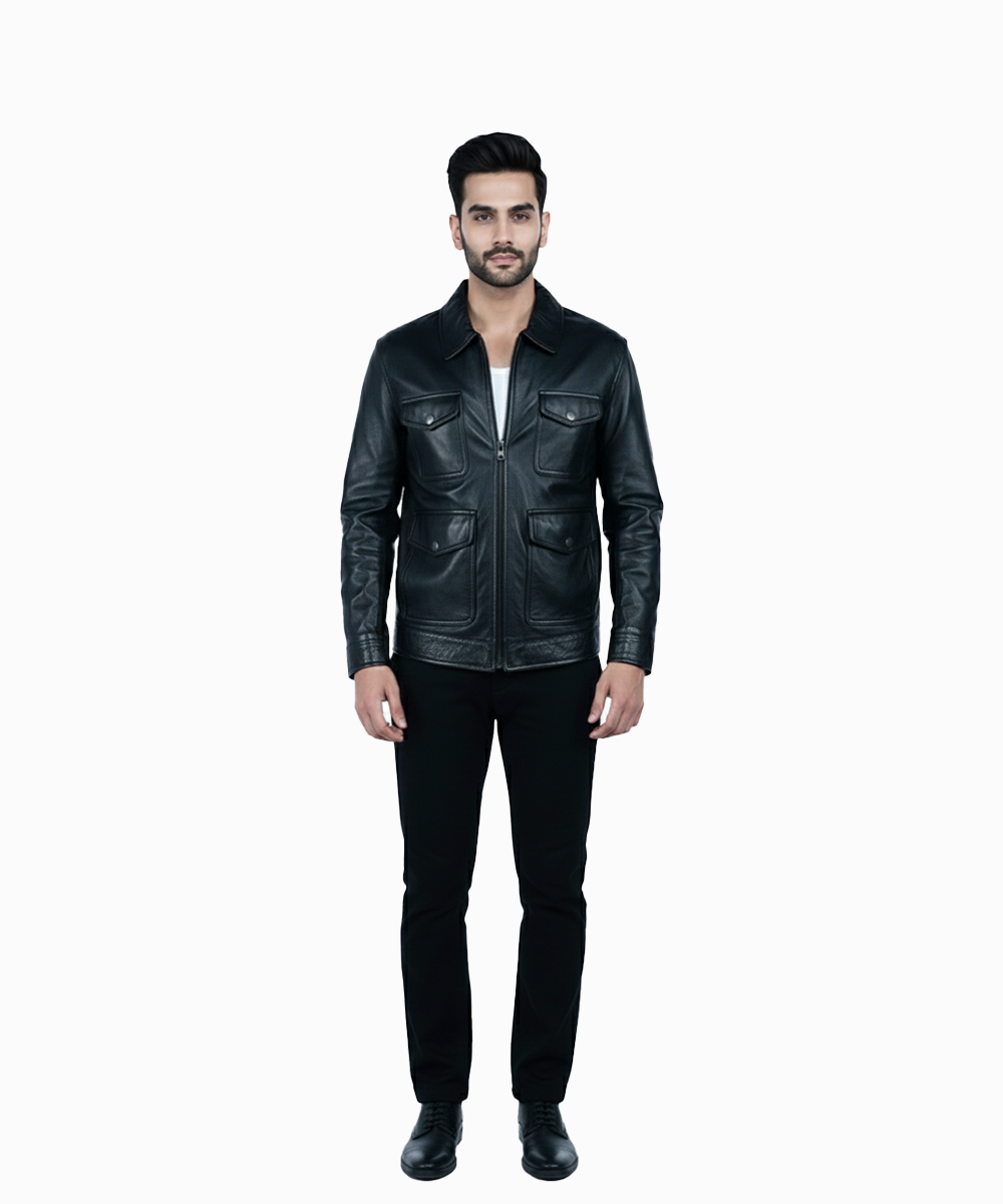 Men’s Black Genuine Leather Jacket – Four Pocket Utility Style-By Umhashco - Image 7